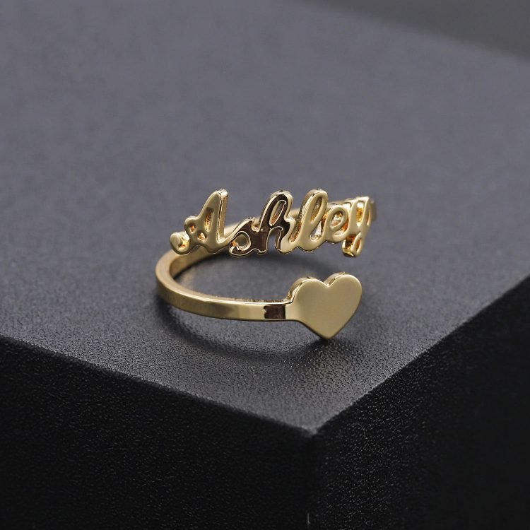 Ashley Gold Color Name Ring For Women With Personalized Custom Diamond Cut Polished Premium Heart Bottom Heart Symbol Ring