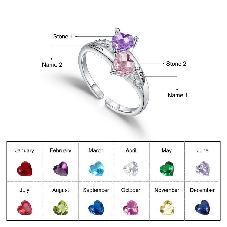 Heart Birthstone 2 Names Ring | Custom Jewelry | Beceff