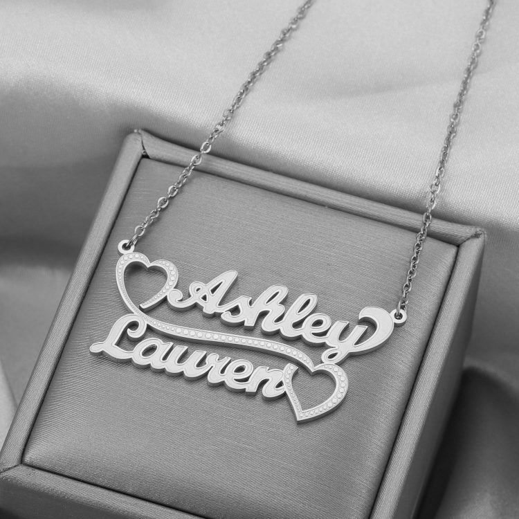 Silver Color Plated Simple Looking Custom Made Two English Names Necklace Personalized Name Charm For Stainless Steel Casual Jewelry Lovers Premium Quality Jewelry With Couple Heart Pendant