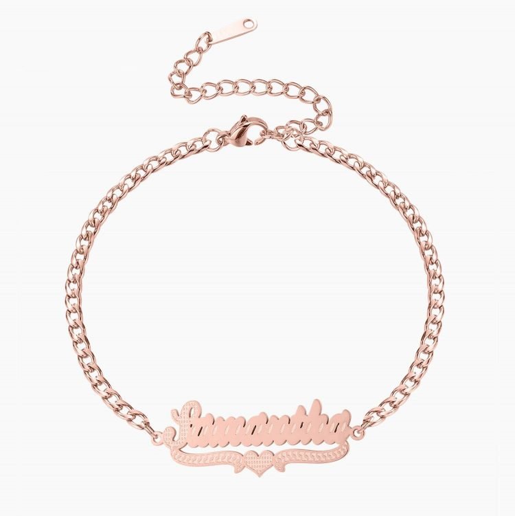 Rose Gold Color Plated Heart Custom Name Bracelet Stylish Classy Looking Stainless Steel Unique Name Wrist Jewelry Wear For Simple Jewelry Fans Personalized Single Nameplate Bracelet Jewelry Gift