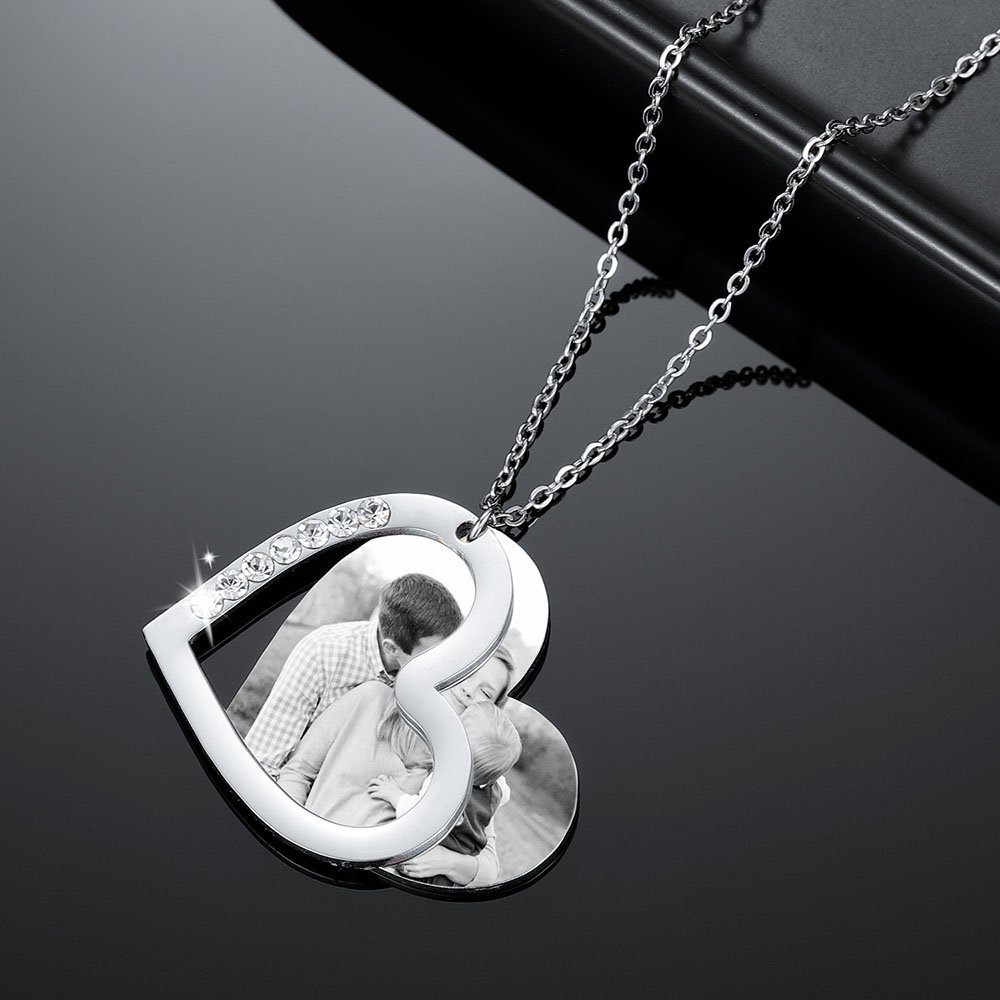 silver color custom photo twin heart engraved family couple photo necklace pendant jewelry